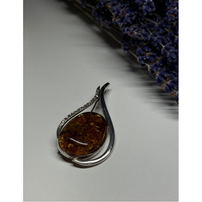 925 Sterling Silver Amber & CZ Brooch