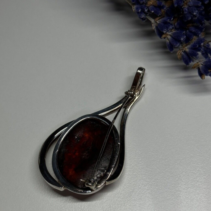 925 Sterling Silver Amber & CZ Brooch