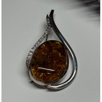 925 Sterling Silver Amber & CZ Brooch