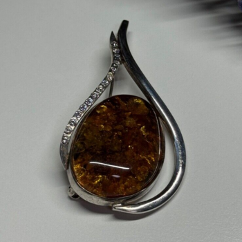 925 Sterling Silver Amber & CZ Brooch
