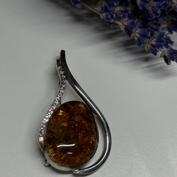 925 Sterling Silver Amber & CZ Brooch