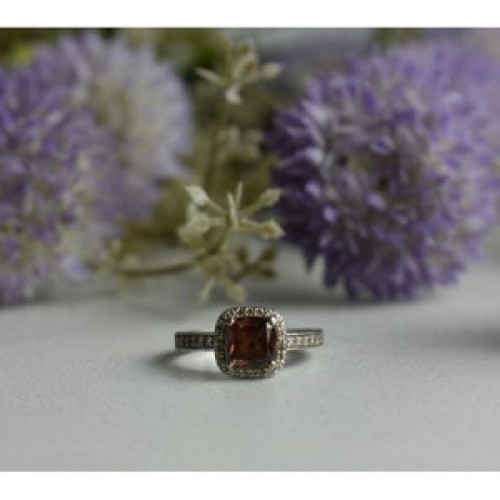 925 Sterling Silver Hessonite & CZ Ring Size 8