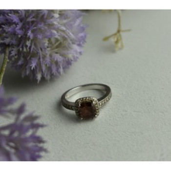 925 Sterling Silver Hessonite & CZ Ring Size 8