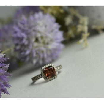 925 Sterling Silver Hessonite & CZ Ring Size 8