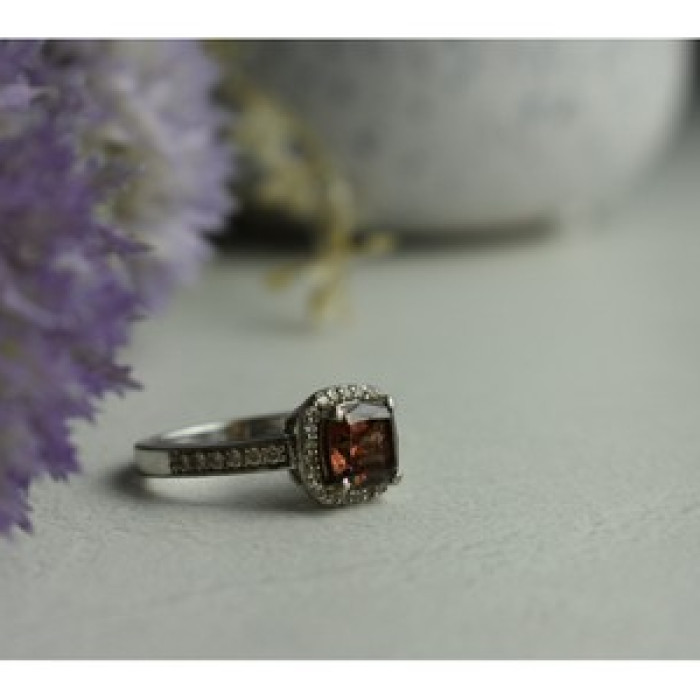925 Sterling Silver Hessonite & CZ Ring Size 8