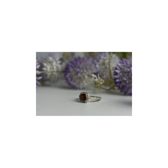 925 Sterling Silver Hessonite & CZ Ring Size 8