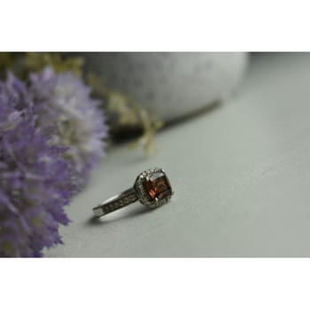 925 Sterling Silver Hessonite & CZ Ring Size 8