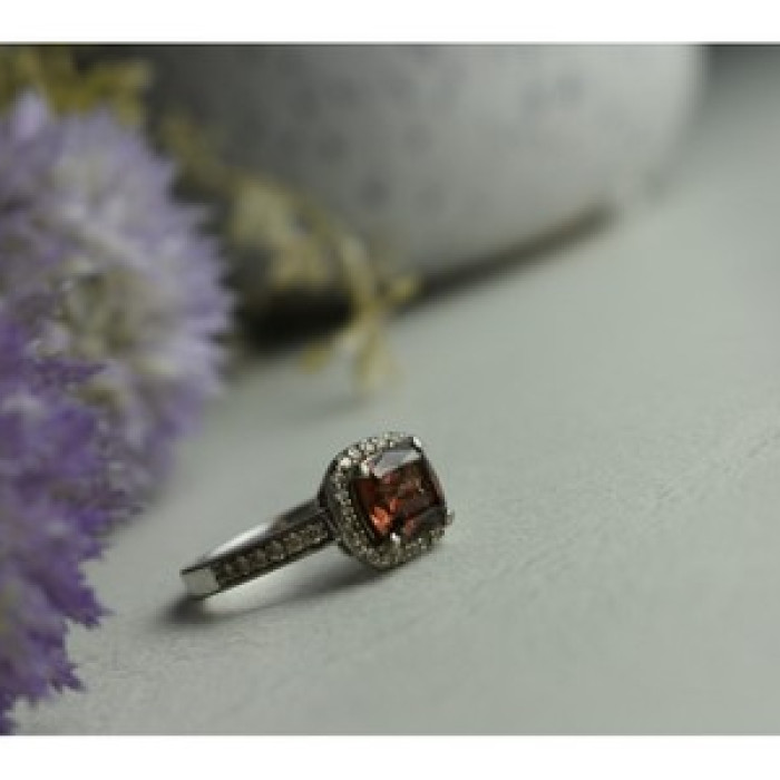 925 Sterling Silver Hessonite & CZ Ring Size 8