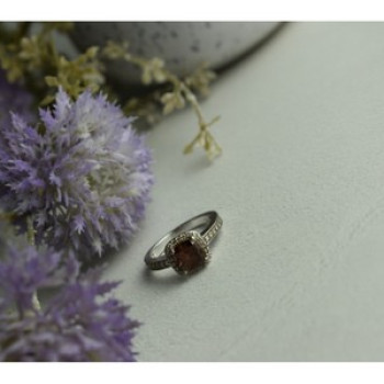 925 Sterling Silver Hessonite & CZ Ring Size 8