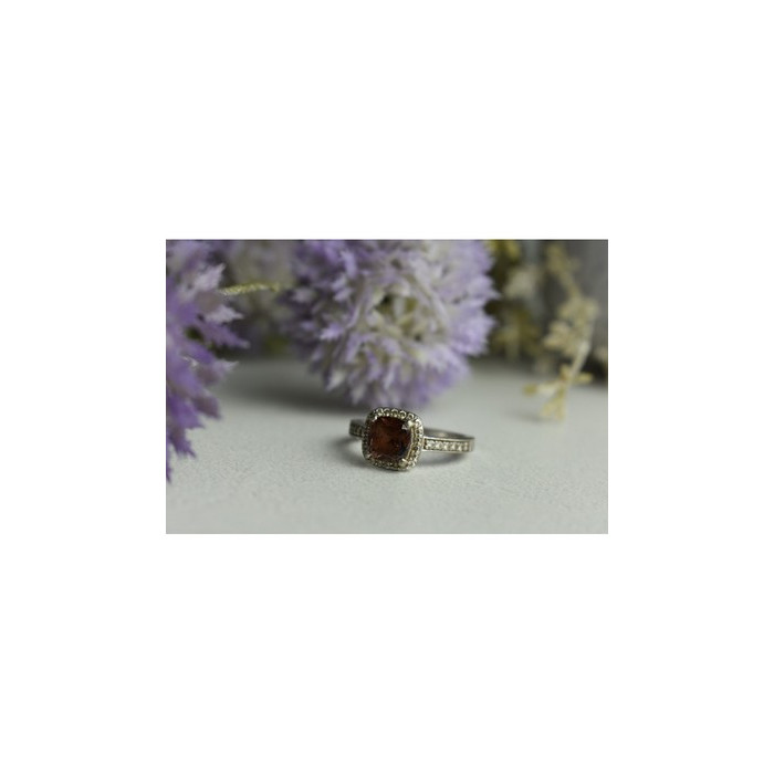 925 Sterling Silver Hessonite & CZ Ring Size 8