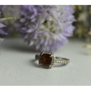 925 Sterling Silver Hessonite & CZ Ring Size 8