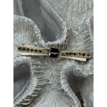 925 Sterling Silver Onyx & Marcasite Brooch Length 1.8 Inch