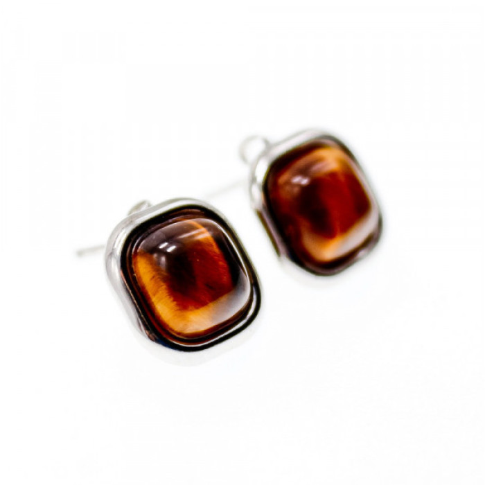 925 Sterling Silver Tiger'S Eye Stud Earrings