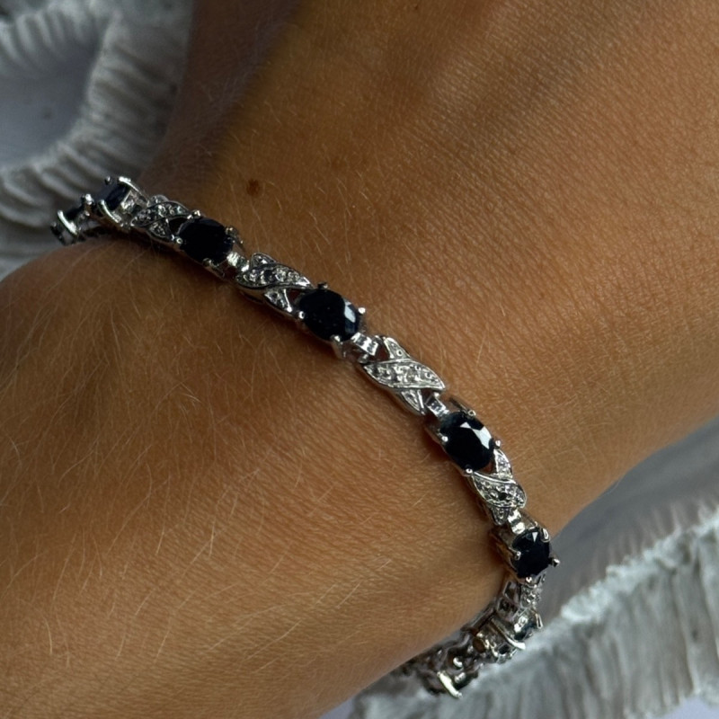 925 Sterling Silver Sapphire & Diamond Bracelet Length 7