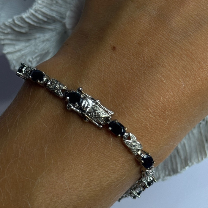 925 Sterling Silver Sapphire & Diamond Bracelet Length 7