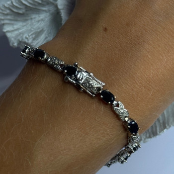 925 Sterling Silver Sapphire & Diamond Bracelet Length 7