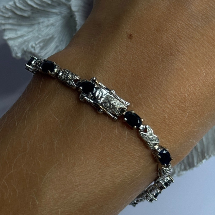 925 Sterling Silver Sapphire & Diamond Bracelet Length 7