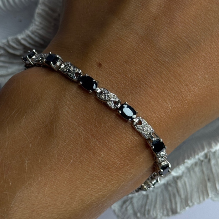 925 Sterling Silver Sapphire & Diamond Bracelet Length 7