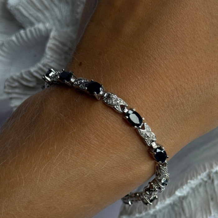 925 Sterling Silver Sapphire & Diamond Bracelet Length 7