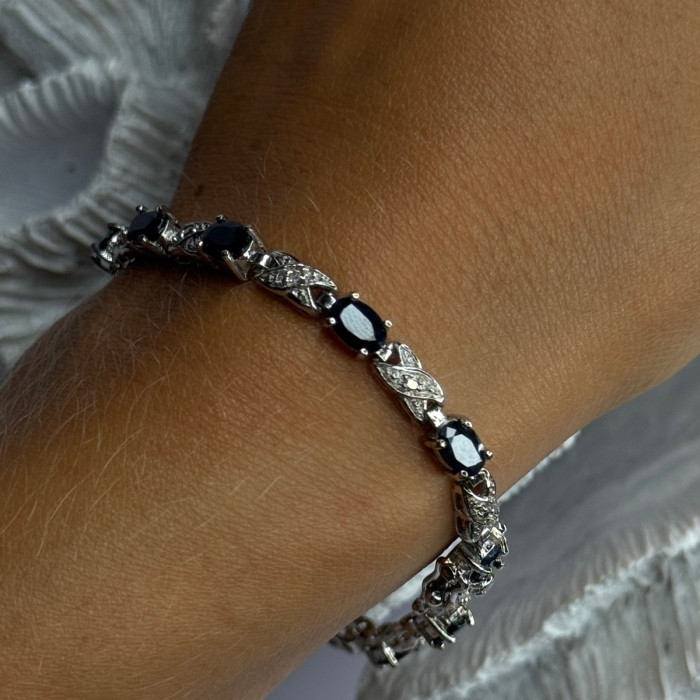 925 Sterling Silver Sapphire & Diamond Bracelet Length 7
