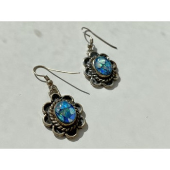 Vintage 925 Sterling Silver Mosaic Opal Earrings