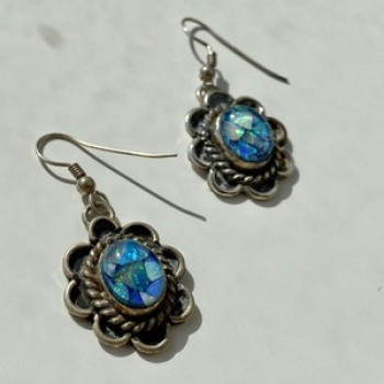 Vintage 925 Sterling Silver Mosaic Opal Earrings