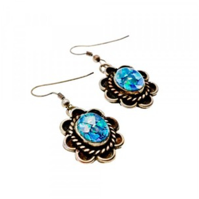 Vintage 925 Sterling Silver Mosaic Opal Earrings