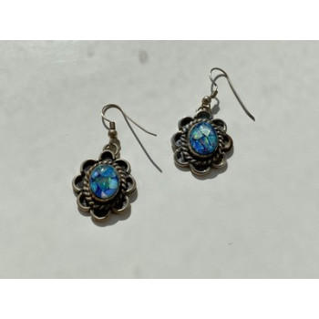 Vintage 925 Sterling Silver Mosaic Opal Earrings