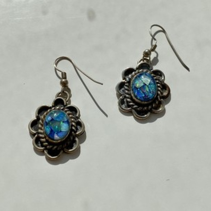 Vintage 925 Sterling Silver Mosaic Opal Earrings