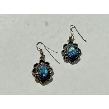 Vintage 925 Sterling Silver Mosaic Opal Earrings