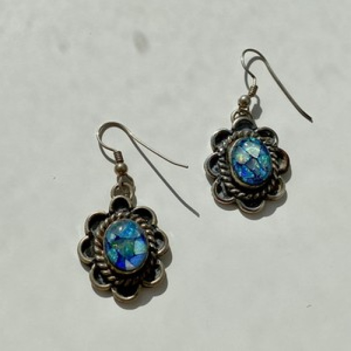 Vintage 925 Sterling Silver Mosaic Opal Earrings