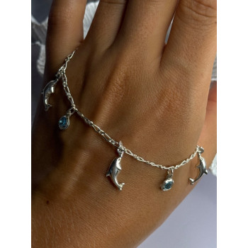 925 Sterling Silver Dolphin Blue Topaz Bracelet Length 7.5
