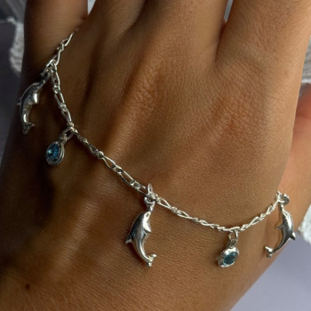 925 Sterling Silver Dolphin Blue Topaz Bracelet Length 7.5