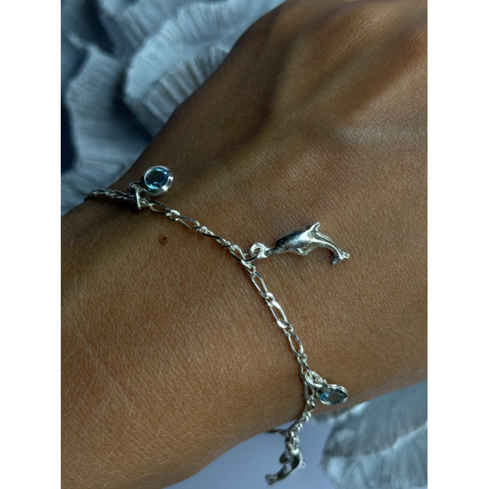 925 Sterling Silver Dolphin Blue Topaz Bracelet Length 7.5