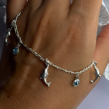 925 Sterling Silver Dolphin Blue Topaz Bracelet Length 7.5