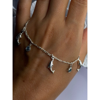 925 Sterling Silver Dolphin Blue Topaz Bracelet Length 7.5