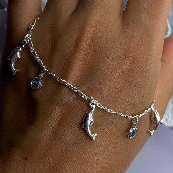 925 Sterling Silver Dolphin Blue Topaz Bracelet Length 7.5