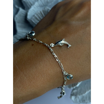925 Sterling Silver Dolphin Blue Topaz Bracelet Length 7.5