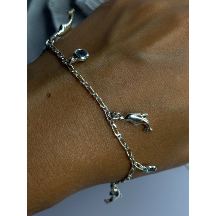 925 Sterling Silver Dolphin Blue Topaz Bracelet Length 7.5