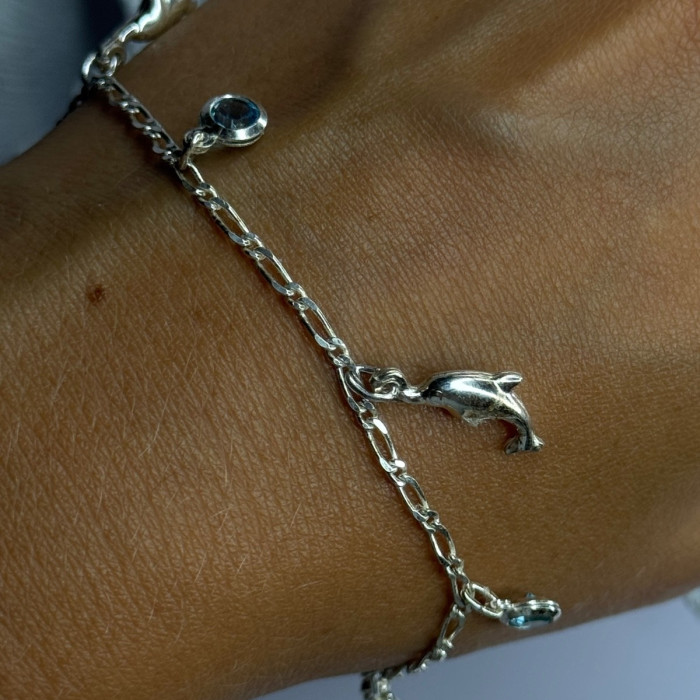925 Sterling Silver Dolphin Blue Topaz Bracelet Length 7.5