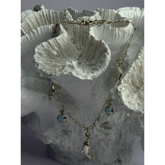 925 Sterling Silver Dolphin Blue Topaz Bracelet Length 7.5