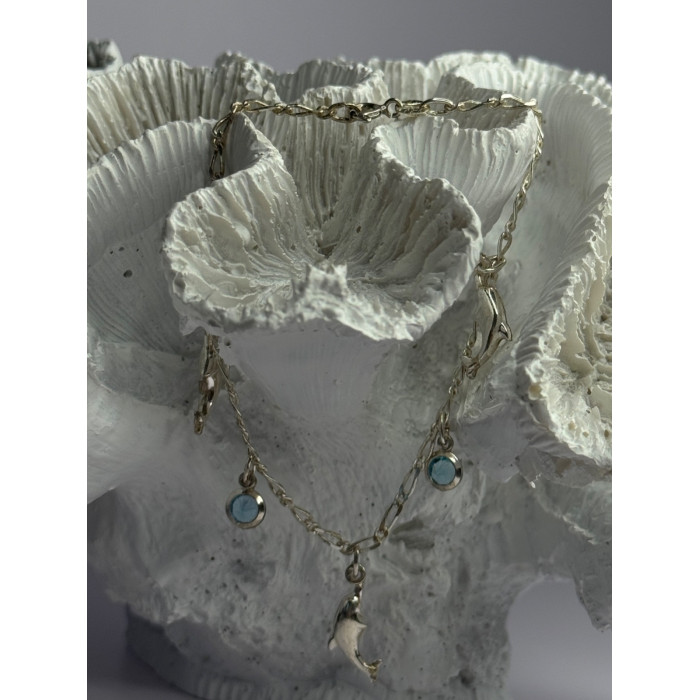 925 Sterling Silver Dolphin Blue Topaz Bracelet Length 7.5