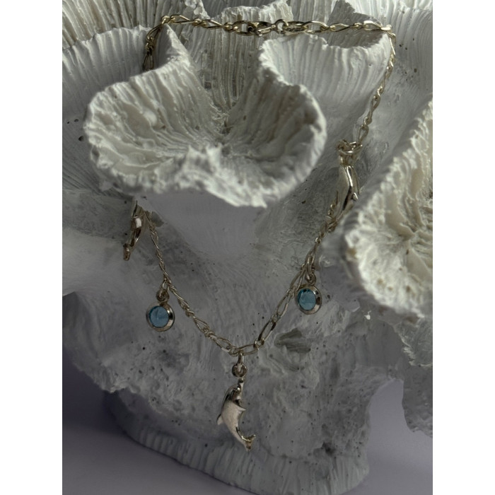 925 Sterling Silver Dolphin Blue Topaz Bracelet Length 7.5