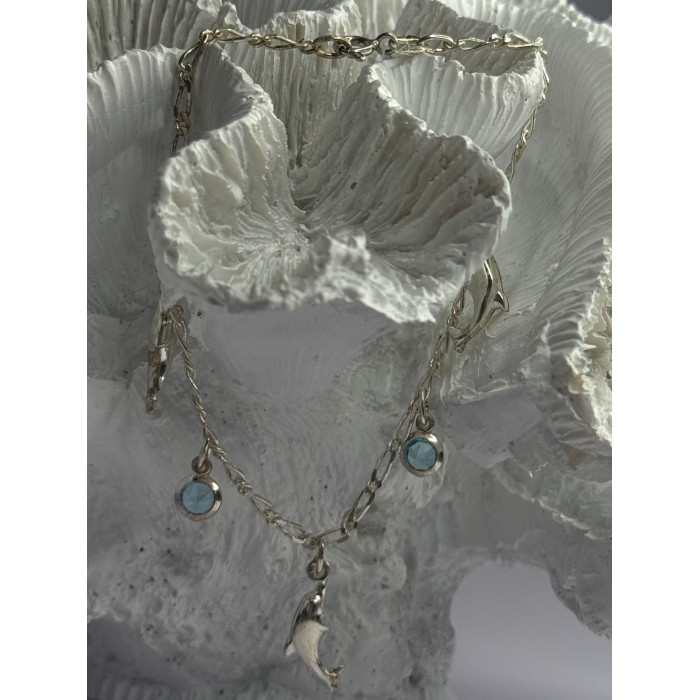 925 Sterling Silver Dolphin Blue Topaz Bracelet Length 7.5