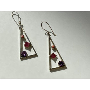925 Sterling Silver Morganite, Iolite & Agate Earrings