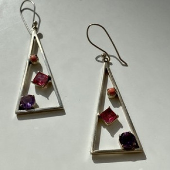 925 Sterling Silver Morganite, Iolite & Agate Earrings