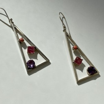 925 Sterling Silver Morganite, Iolite & Agate Earrings