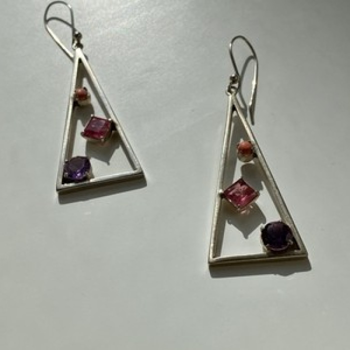 925 Sterling Silver Morganite, Iolite & Agate Earrings