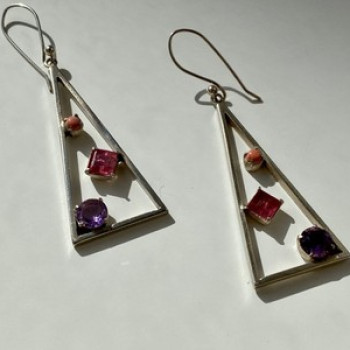 925 Sterling Silver Morganite, Iolite & Agate Earrings