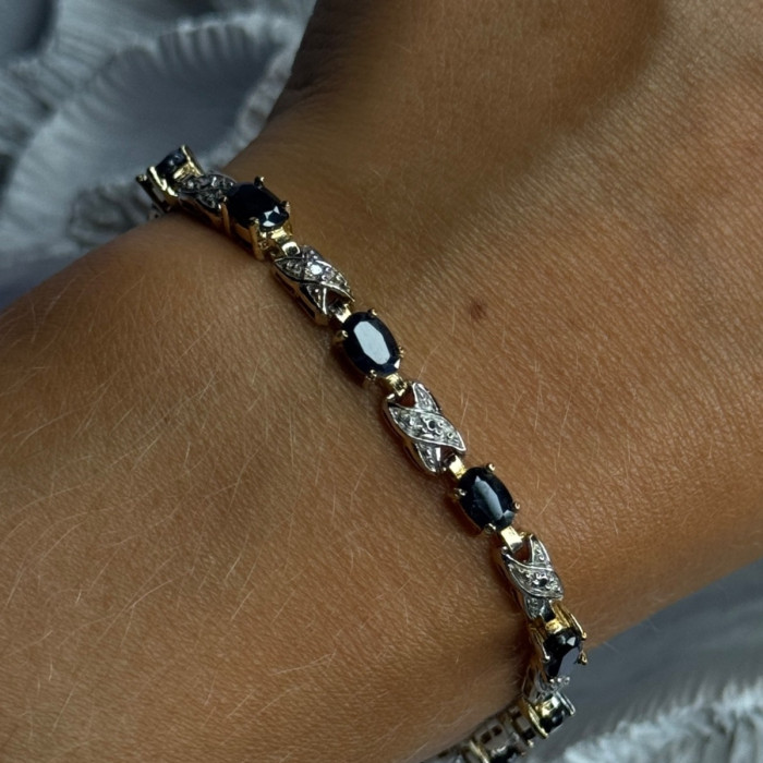 925 Sterling Silver Gold Plated Sapphire & Diamond Bracelet Length 7.5